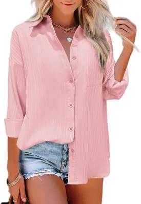 HOTOUCH Womens Button Down Shirt Casual Long Sleeves Loose fit Classic Collared Blouses Fasion Textured Top with Pockets