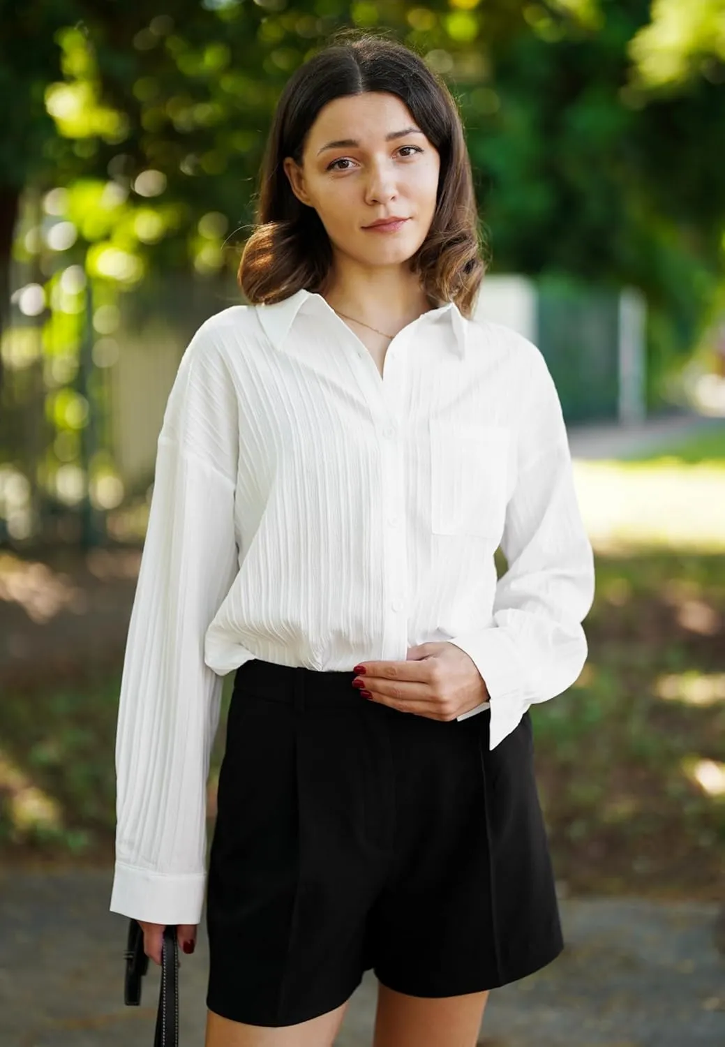 HOTOUCH Womens Button Down Shirt Casual Long Sleeves Loose fit Classic Collared Blouses Fasion Textured Top with Pockets