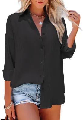 HOTOUCH Womens Button Down Shirt Casual Long Sleeves Loose fit Classic Collared Blouses Fasion Textured Top with Pockets