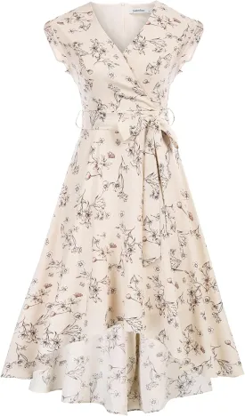 JASAMBAC Women's Floral High Low Dress for Wedding Guest Flowy Bohemian Empire Waist Swing Dress with Belt