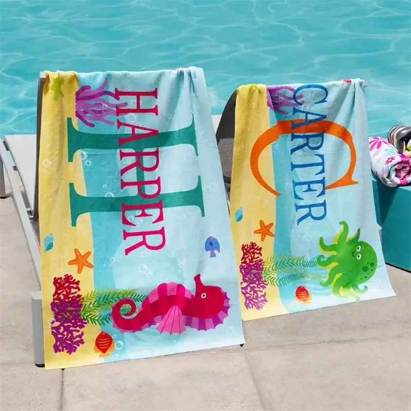 Kid's Personalized Name Children's Octopus, Seahorse, Crab, Beach Towel