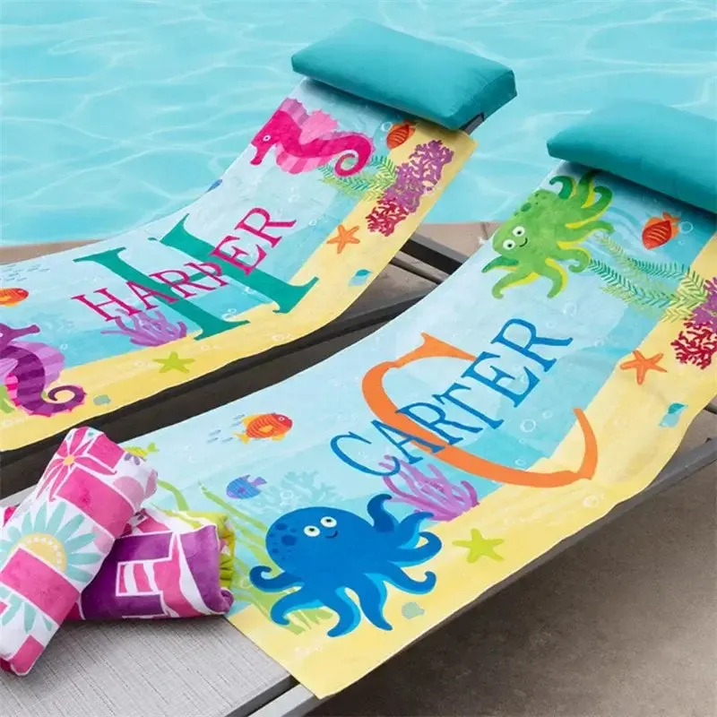 Kid's Personalized Name Children's Octopus, Seahorse, Crab, Beach Towel