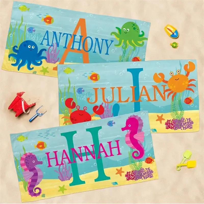 Kid's Personalized Name Children's Octopus, Seahorse, Crab, Beach Towel