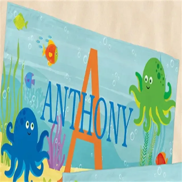 Kid's Personalized Name Children's Octopus, Seahorse, Crab, Beach Towel
