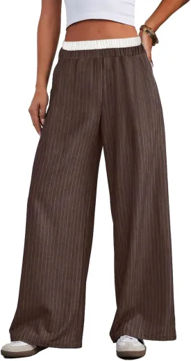 Lesore Womens Striped Color Block High Elastic Waist Wide Leg Pants Trousers Long Straight Suit Pants