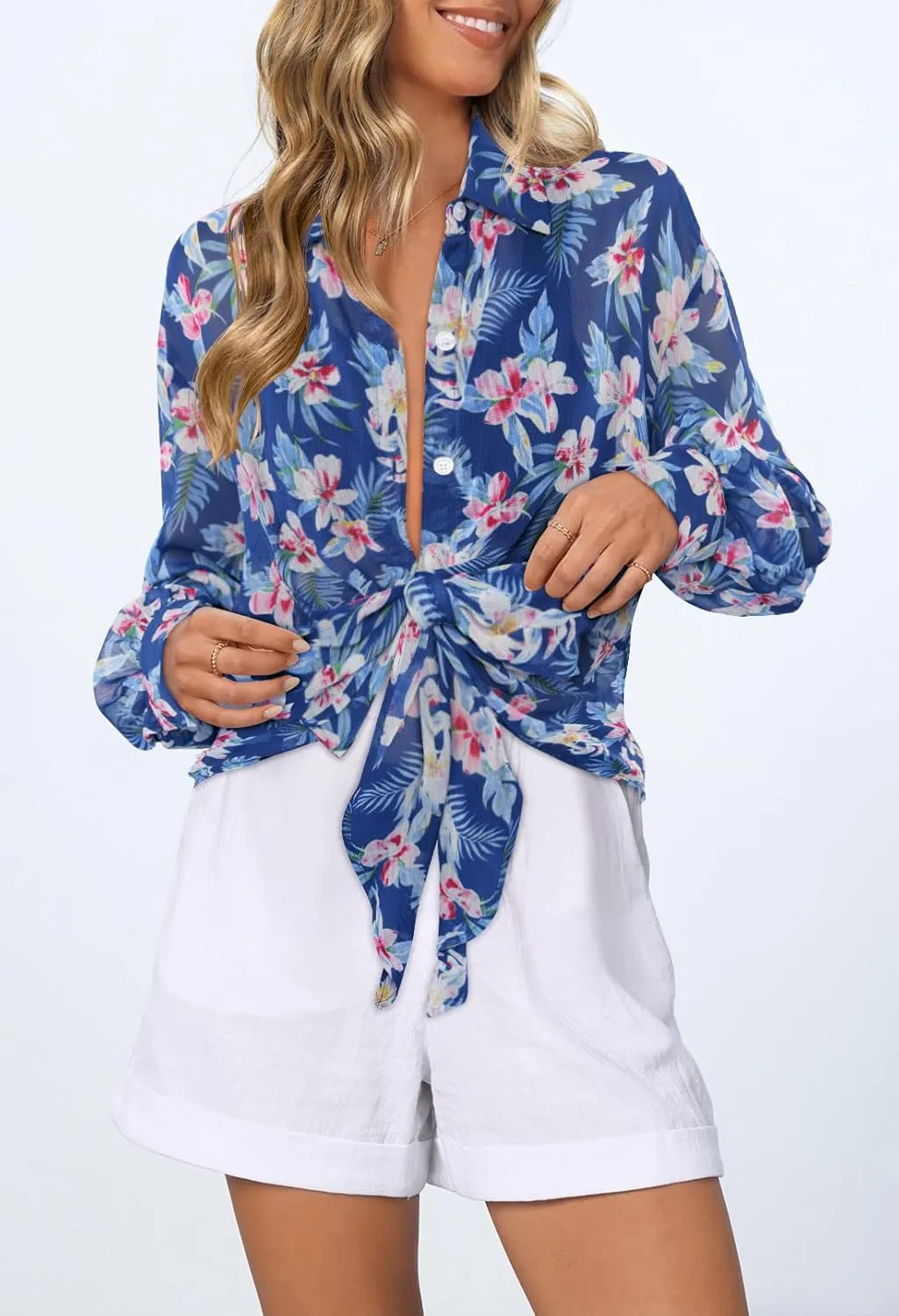 MEROKEETY Women's Summer Button Down Blouses Long Sleeve Tie Front Floral Boho Chiffon Shirt Tops