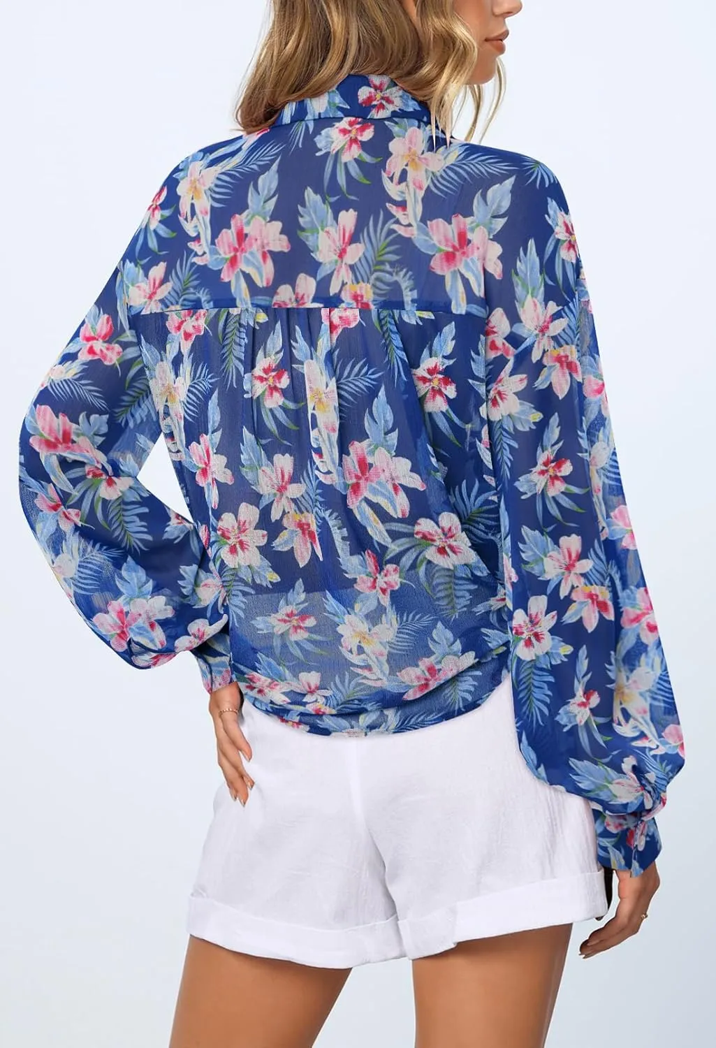 MEROKEETY Women's Summer Button Down Blouses Long Sleeve Tie Front Floral Boho Chiffon Shirt Tops