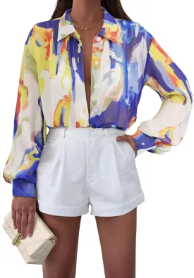 MEROKEETY Women's Summer Button Down Blouses Long Sleeve Tie Front Floral Boho Chiffon Shirt Tops