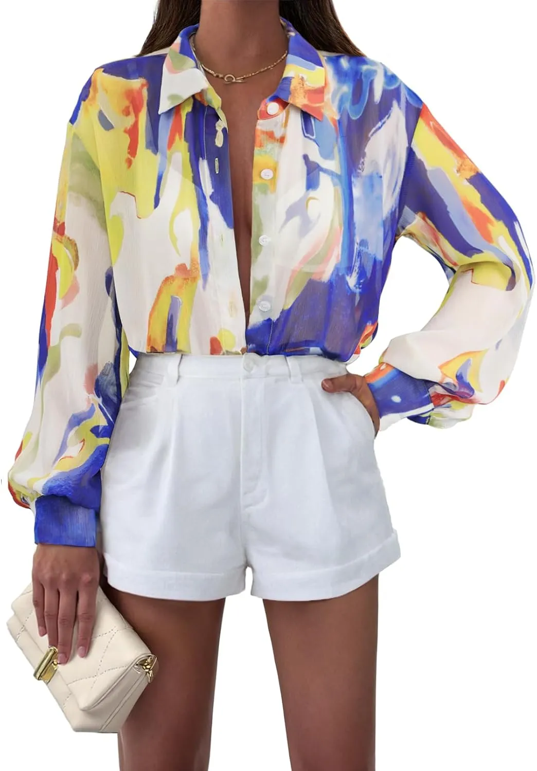 MEROKEETY Women's Summer Button Down Blouses Long Sleeve Tie Front Floral Boho Chiffon Shirt Tops