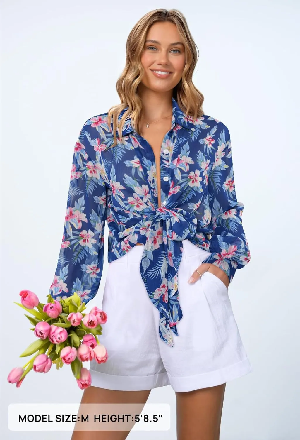 MEROKEETY Women's Summer Button Down Blouses Long Sleeve Tie Front Floral Boho Chiffon Shirt Tops