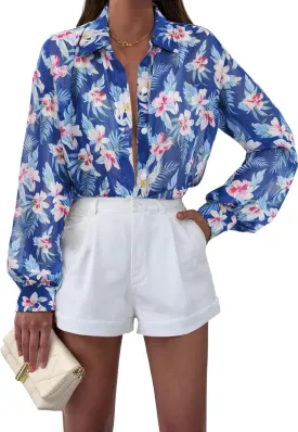 MEROKEETY Women's Summer Button Down Blouses Long Sleeve Tie Front Floral Boho Chiffon Shirt Tops