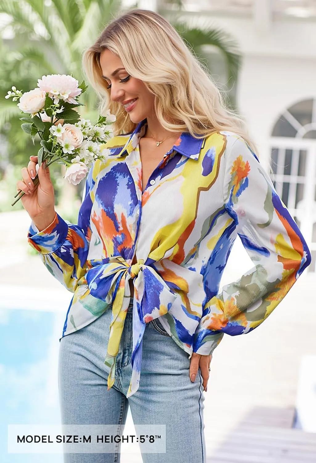 MEROKEETY Women's Summer Button Down Blouses Long Sleeve Tie Front Floral Boho Chiffon Shirt Tops
