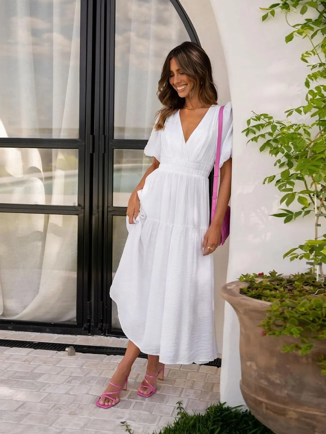 MessBebe Women's Summer Maxi Dress Puffy Sleeve V Neck Boho Party Beach Tiered Ruffle Flowy Long Smocked Dresses