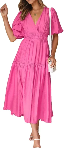 MessBebe Women's Summer Maxi Dress Puffy Sleeve V Neck Boho Party Beach Tiered Ruffle Flowy Long Smocked Dresses