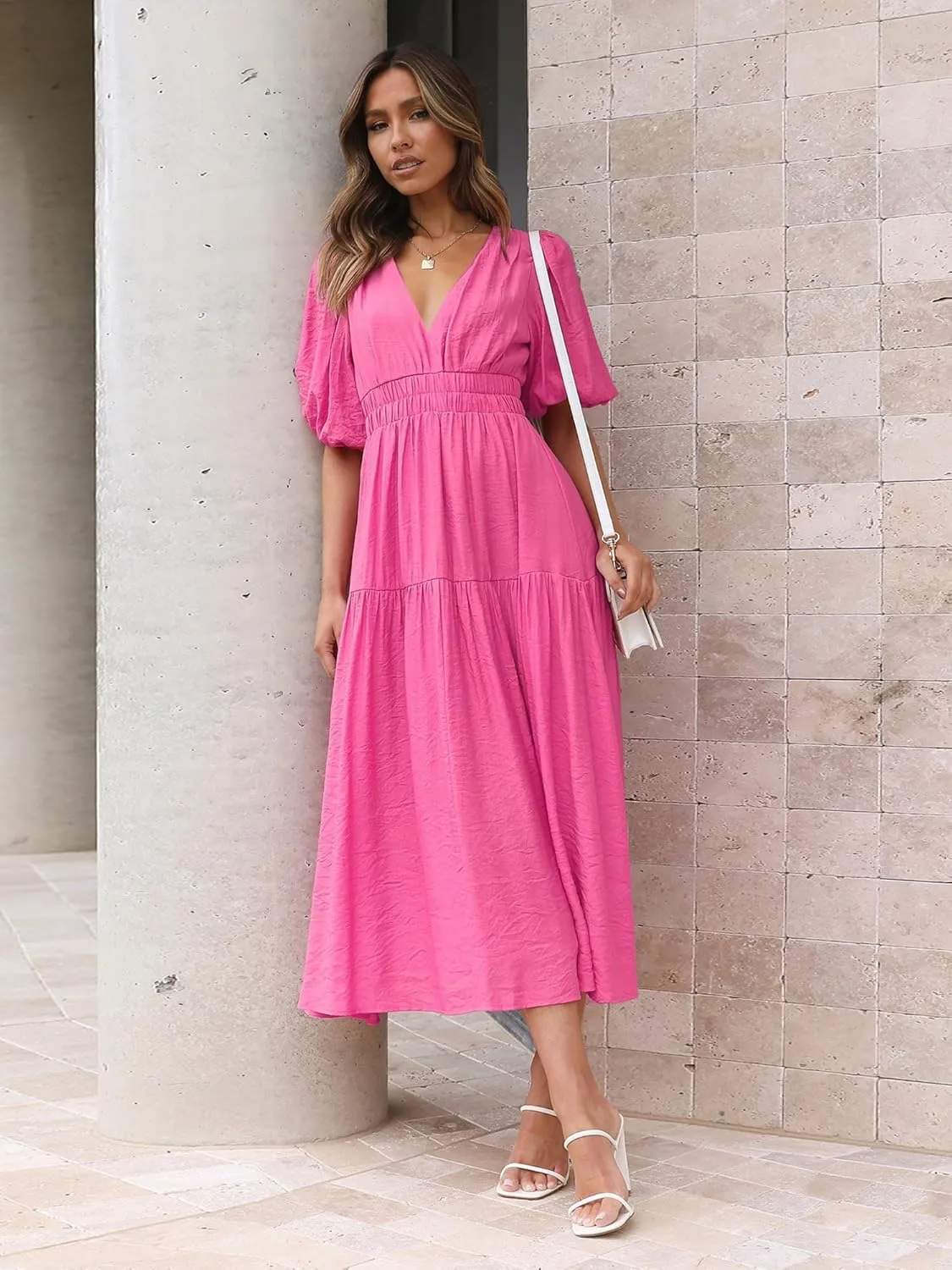MessBebe Women's Summer Maxi Dress Puffy Sleeve V Neck Boho Party Beach Tiered Ruffle Flowy Long Smocked Dresses