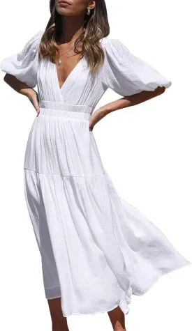 MessBebe Women's Summer Maxi Dress Puffy Sleeve V Neck Boho Party Beach Tiered Ruffle Flowy Long Smocked Dresses