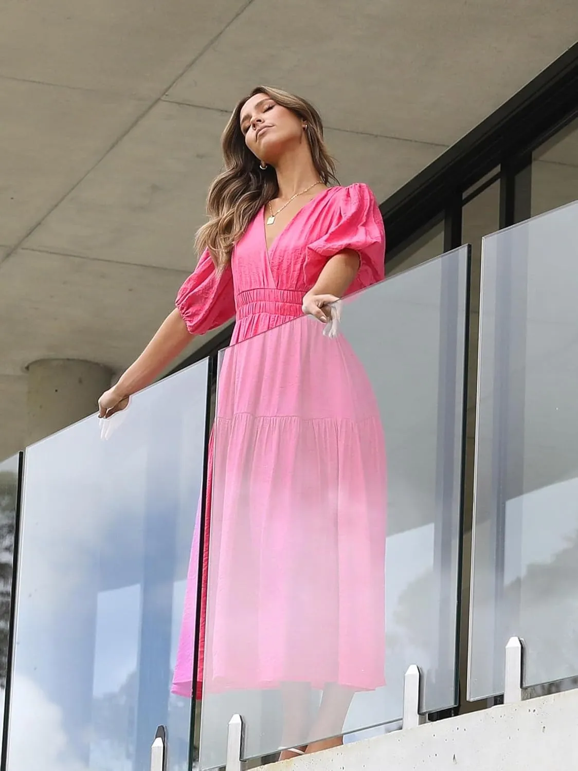 MessBebe Women's Summer Maxi Dress Puffy Sleeve V Neck Boho Party Beach Tiered Ruffle Flowy Long Smocked Dresses