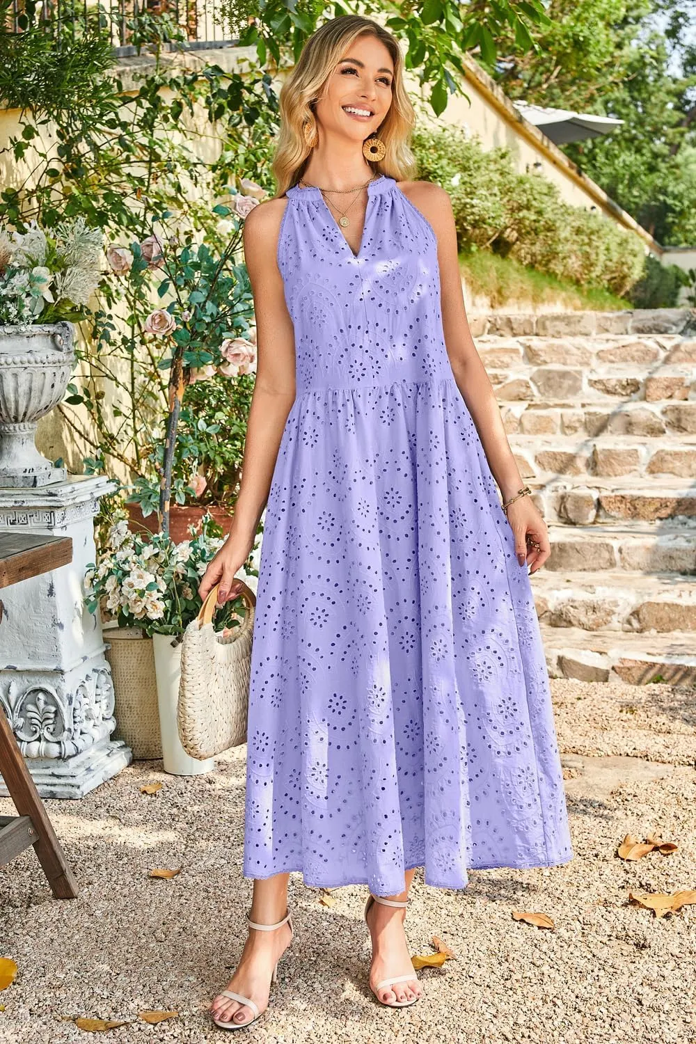 Newshows Women's 2025 Summer Maxi Dresses Halter V Neck Eyelet Hollow Out Long Flowy Beach Vacation Boho Dress with Pockets