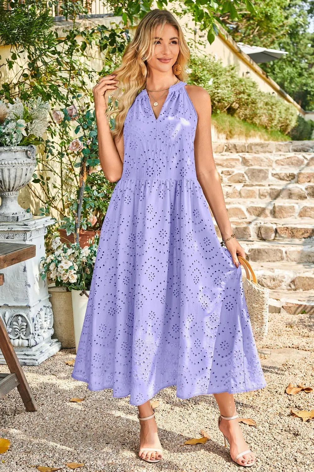 Newshows Women's 2025 Summer Maxi Dresses Halter V Neck Eyelet Hollow Out Long Flowy Beach Vacation Boho Dress with Pockets