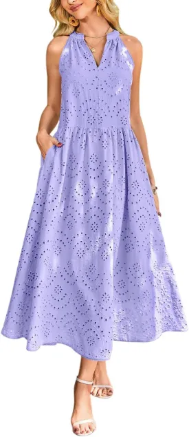 Newshows Women's 2025 Summer Maxi Dresses Halter V Neck Eyelet Hollow Out Long Flowy Beach Vacation Boho Dress with Pockets