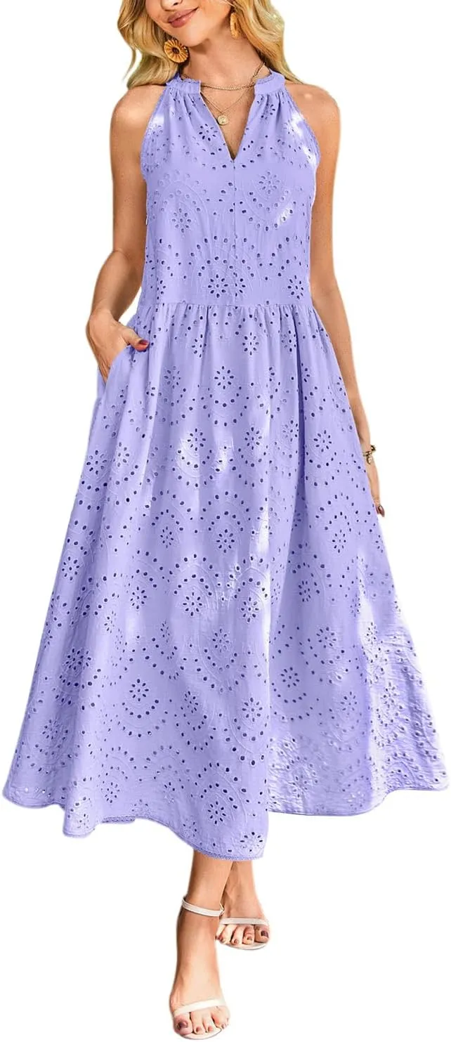 Newshows Women's 2025 Summer Maxi Dresses Halter V Neck Eyelet Hollow Out Long Flowy Beach Vacation Boho Dress with Pockets
