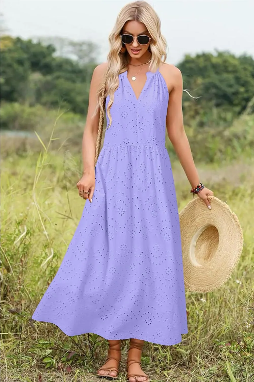 Newshows Women's 2025 Summer Maxi Dresses Halter V Neck Eyelet Hollow Out Long Flowy Beach Vacation Boho Dress with Pockets