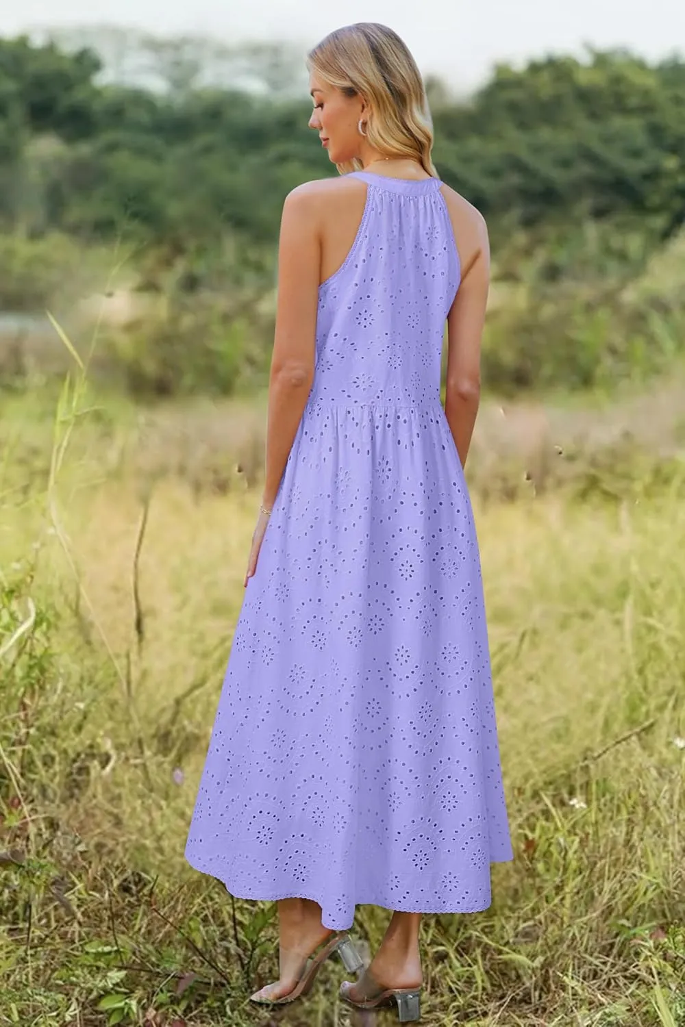 Newshows Women's 2025 Summer Maxi Dresses Halter V Neck Eyelet Hollow Out Long Flowy Beach Vacation Boho Dress with Pockets