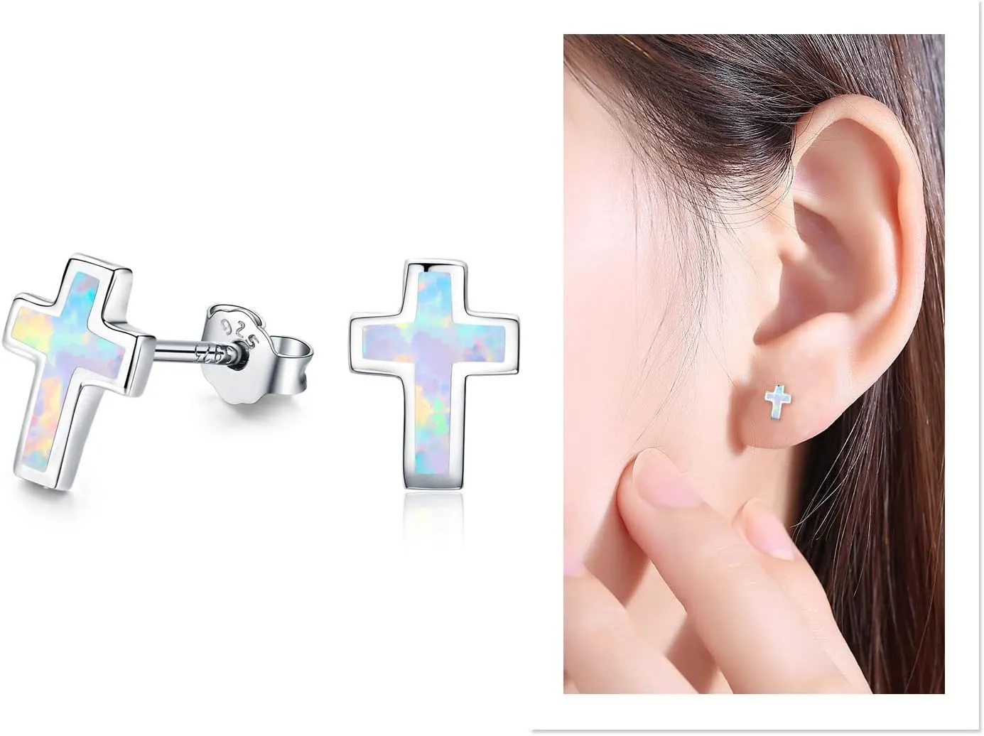 Opal Cross Stud Earrings, 925 Stertling Silver Hypoallergenic Anchor Stud Earrngs and Tiny Opal Cross Studs Jewelry for Women