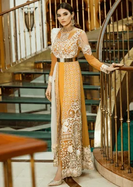 Pakistani designer chiffon dress in mustard and white color # P2305