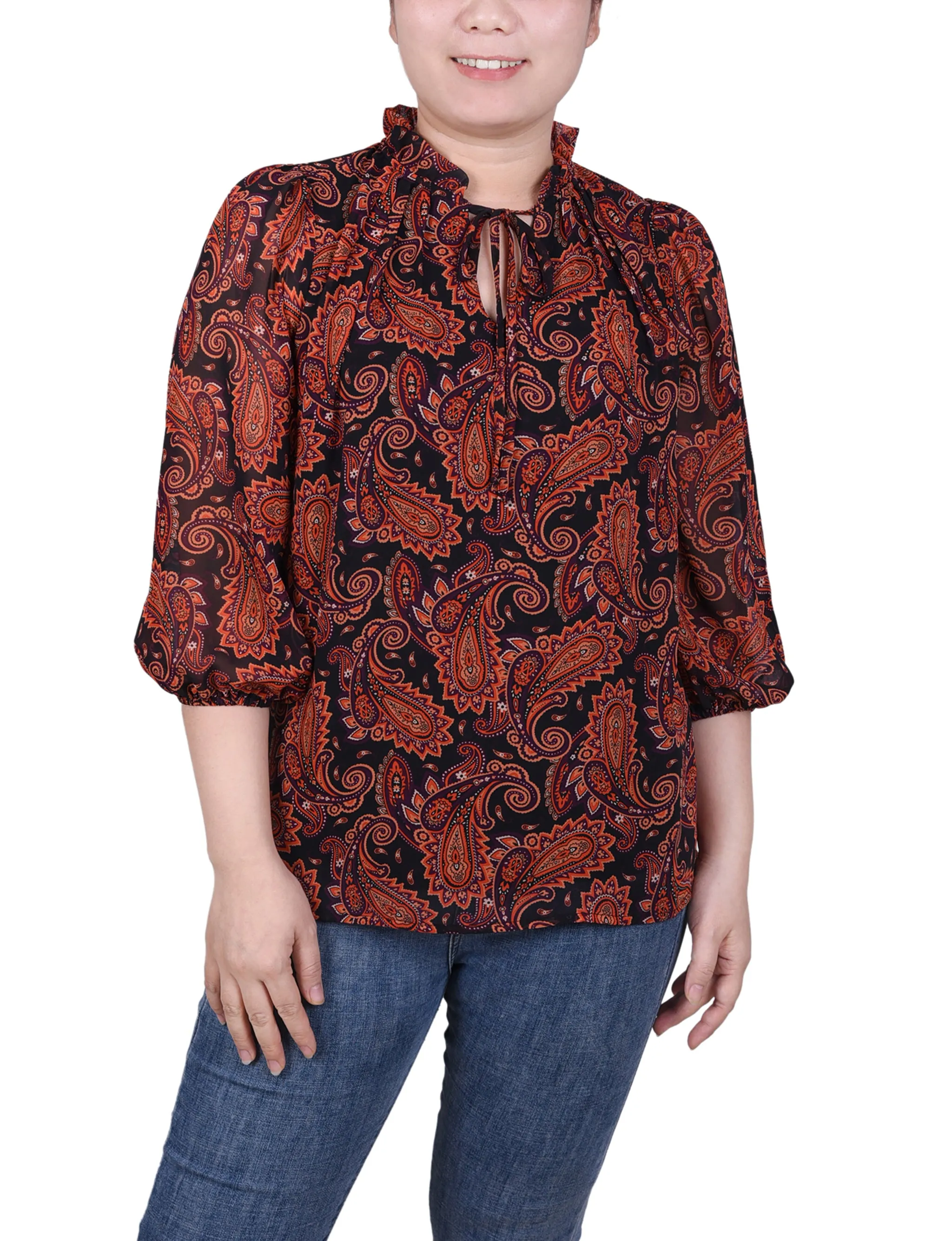 Petite 3/4 Sleeve Chiffon Blouse