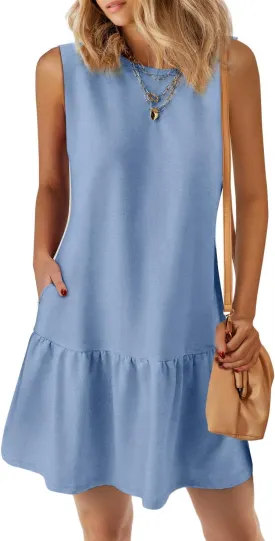 PRETTYGARDEN Casual Short Summer Dresses for Women 2025 Sleeveless Crewneck Cute Ruffle Loose Vacation Mini Tshirt Dress