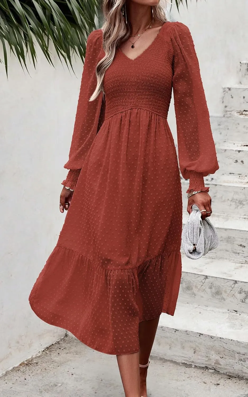 PRETTYGARDEN Women's Spring Dresses 2025 Long Sleeve V Neck Swiss Dot Empire Waist Chiffon Dress Ruffle Smocked Midi Dresses