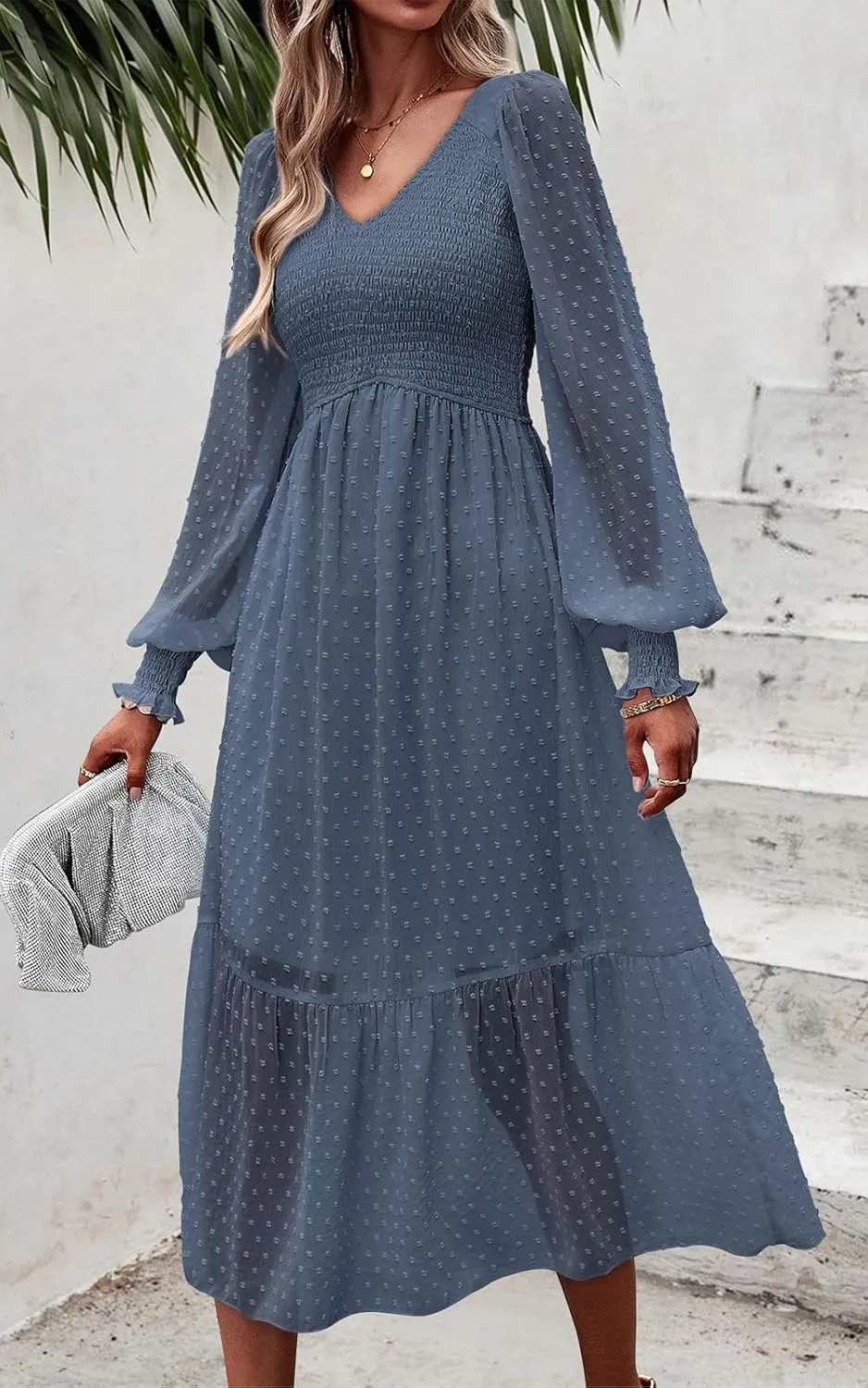PRETTYGARDEN Women's Spring Dresses 2025 Long Sleeve V Neck Swiss Dot Empire Waist Chiffon Dress Ruffle Smocked Midi Dresses