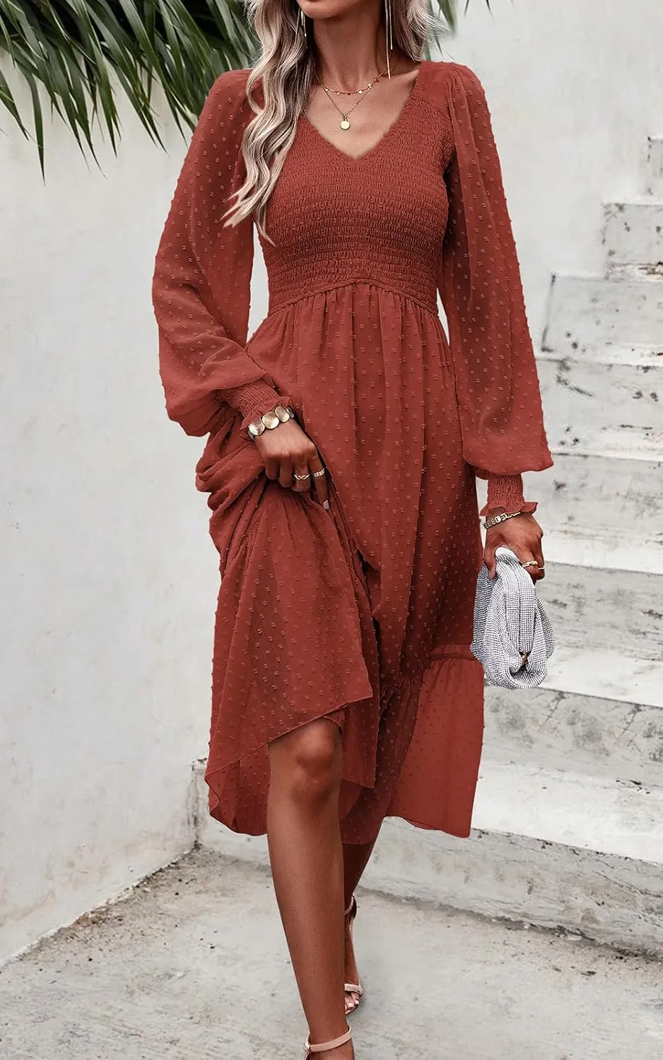 PRETTYGARDEN Women's Spring Dresses 2025 Long Sleeve V Neck Swiss Dot Empire Waist Chiffon Dress Ruffle Smocked Midi Dresses