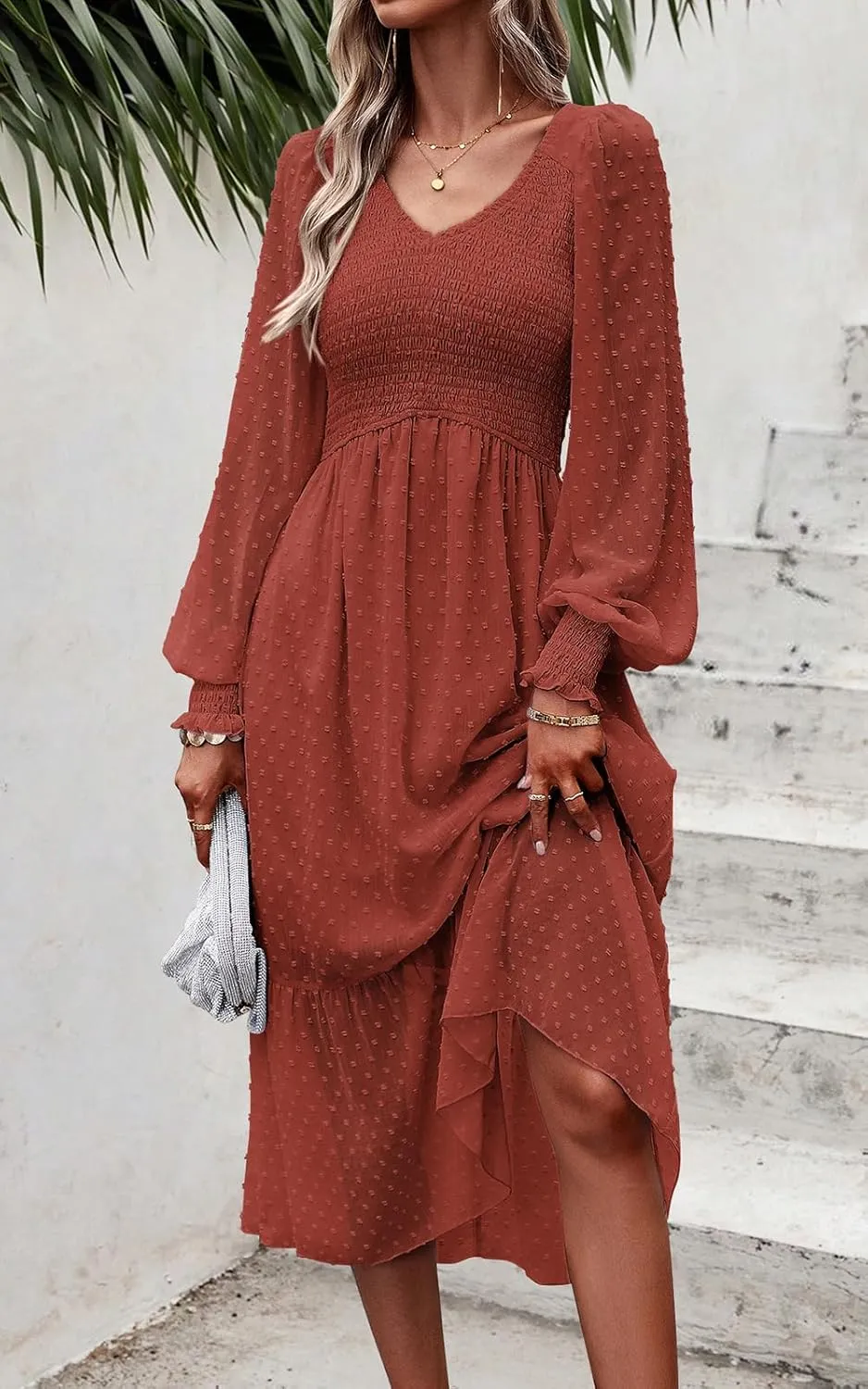PRETTYGARDEN Women's Spring Dresses 2025 Long Sleeve V Neck Swiss Dot Empire Waist Chiffon Dress Ruffle Smocked Midi Dresses