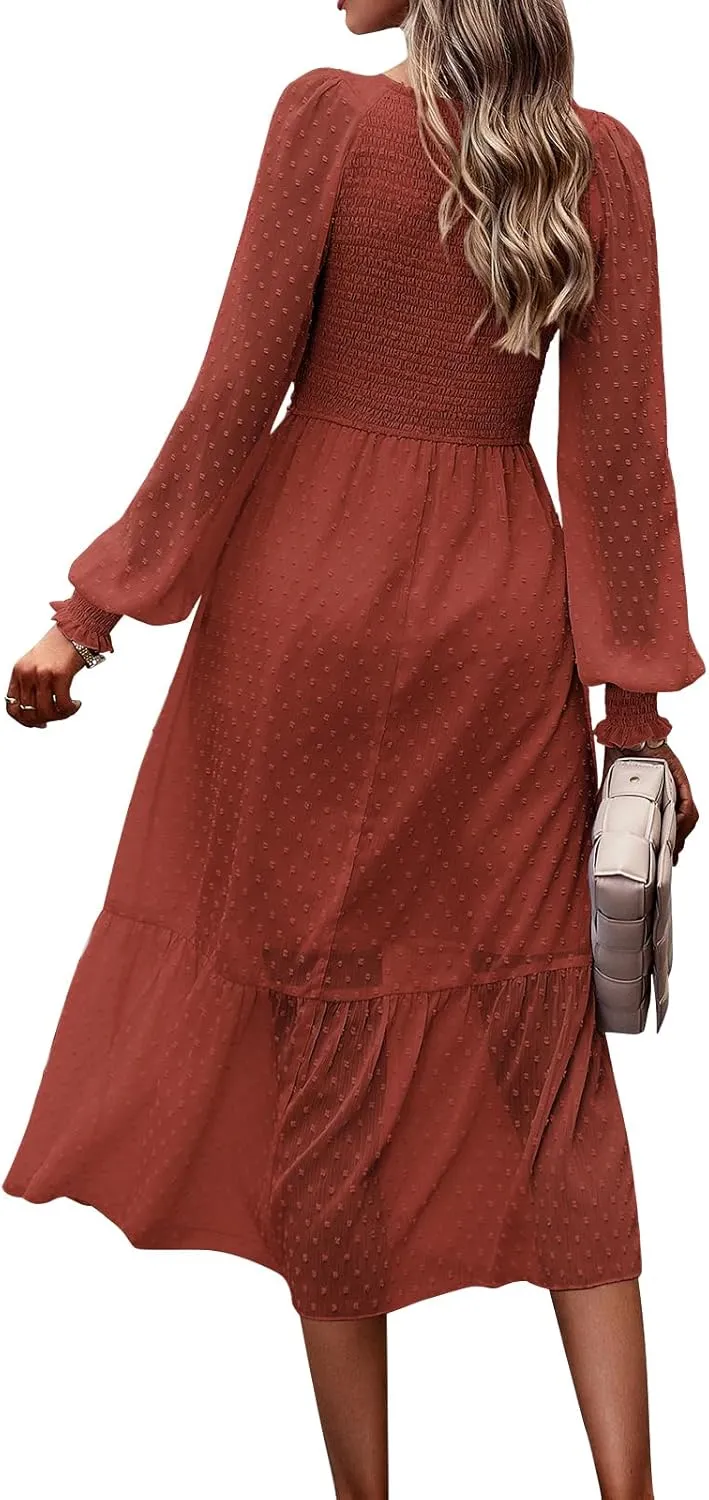 PRETTYGARDEN Women's Spring Dresses 2025 Long Sleeve V Neck Swiss Dot Empire Waist Chiffon Dress Ruffle Smocked Midi Dresses