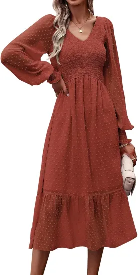 PRETTYGARDEN Women's Spring Dresses 2025 Long Sleeve V Neck Swiss Dot Empire Waist Chiffon Dress Ruffle Smocked Midi Dresses