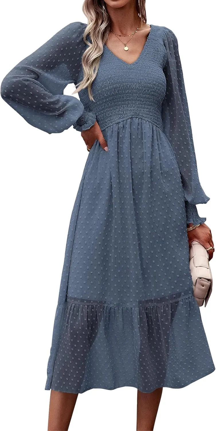 PRETTYGARDEN Women's Spring Dresses 2025 Long Sleeve V Neck Swiss Dot Empire Waist Chiffon Dress Ruffle Smocked Midi Dresses
