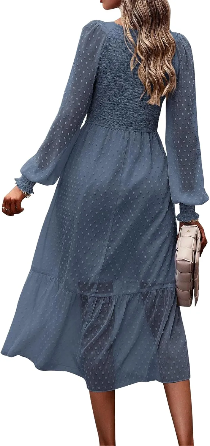 PRETTYGARDEN Women's Spring Dresses 2025 Long Sleeve V Neck Swiss Dot Empire Waist Chiffon Dress Ruffle Smocked Midi Dresses