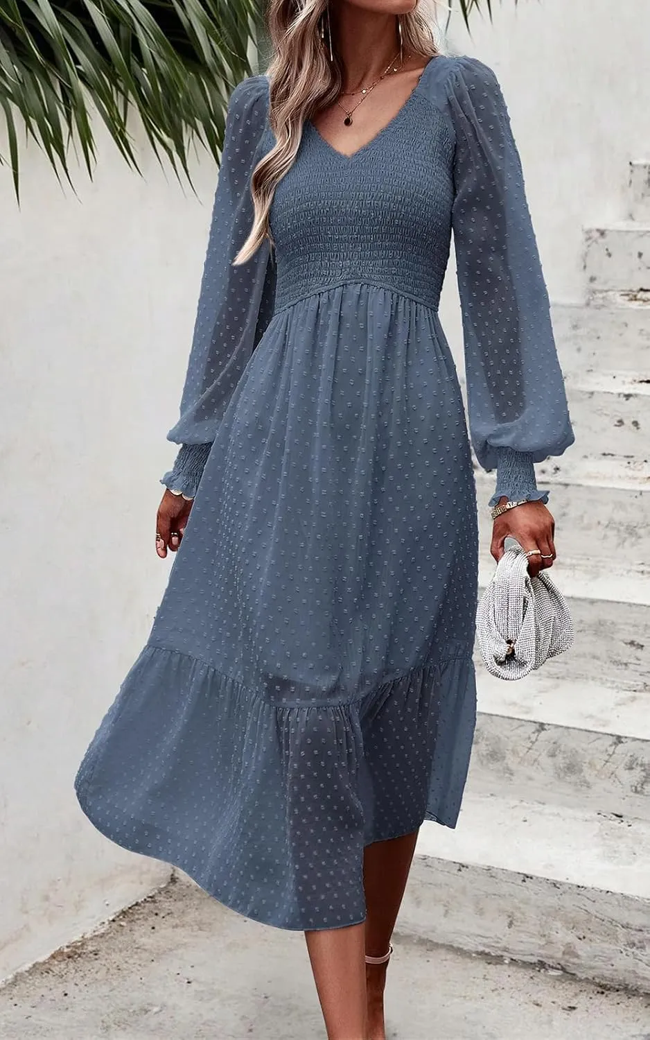 PRETTYGARDEN Women's Spring Dresses 2025 Long Sleeve V Neck Swiss Dot Empire Waist Chiffon Dress Ruffle Smocked Midi Dresses