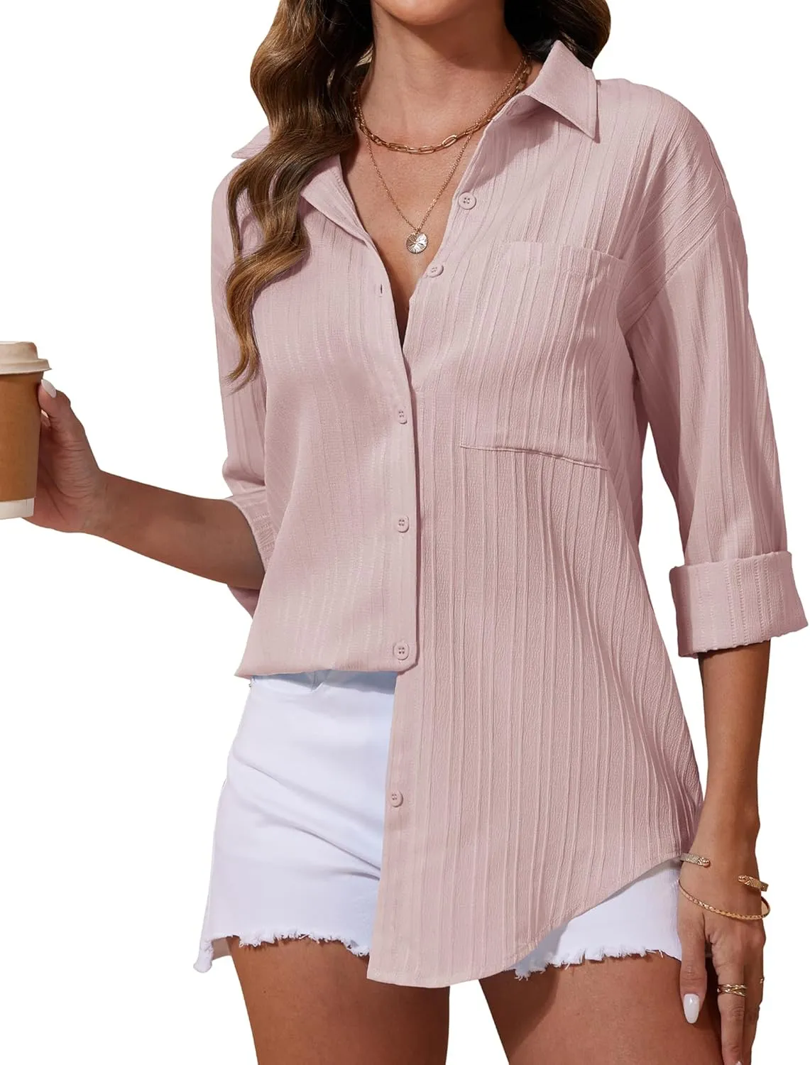 siliteelon Button Down Shirts for Women Casual Long Sleeve Dress Shirt Textured Collared Work Blouse with Pocket