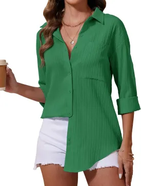 siliteelon Button Down Shirts for Women Casual Long Sleeve Dress Shirt Textured Collared Work Blouse with Pocket
