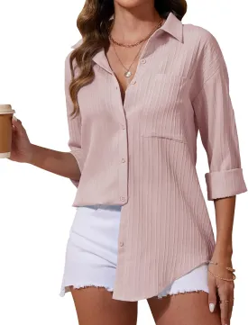 siliteelon Button Down Shirts for Women Casual Long Sleeve Dress Shirt Textured Collared Work Blouse with Pocket