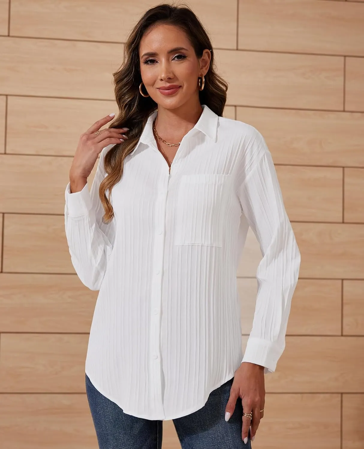 siliteelon Button Down Shirts for Women Casual Long Sleeve Dress Shirt Textured Collared Work Blouse with Pocket