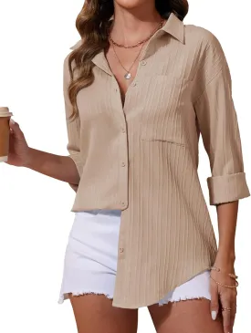 siliteelon Button Down Shirts for Women Casual Long Sleeve Dress Shirt Textured Collared Work Blouse with Pocket