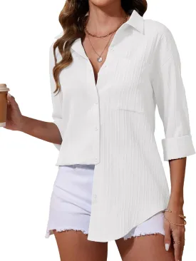 siliteelon Button Down Shirts for Women Casual Long Sleeve Dress Shirt Textured Collared Work Blouse with Pocket