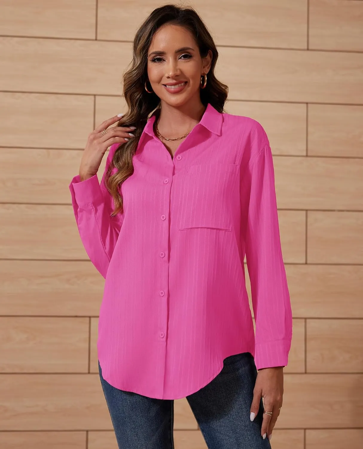 siliteelon Button Down Shirts for Women Casual Long Sleeve Dress Shirt Textured Collared Work Blouse with Pocket