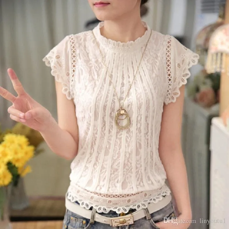 White Mesh Petal Lace  Chiffon O-neck  Sleeveless Top