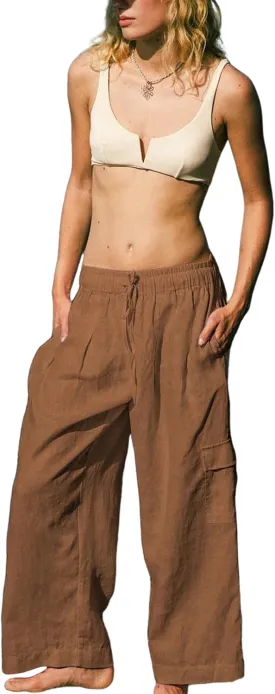 Women Linen Beach Pants Lightweight Cargo Sweatpants Wide Leg Elastic Waist Palazzo Pants Cover Up with Pockets