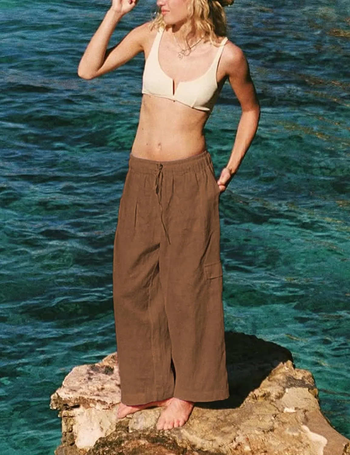 Women Linen Beach Pants Lightweight Cargo Sweatpants Wide Leg Elastic Waist Palazzo Pants Cover Up with Pockets